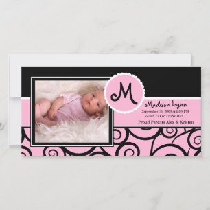 Pink & Black Swirl Baby Girl Birth Announcement