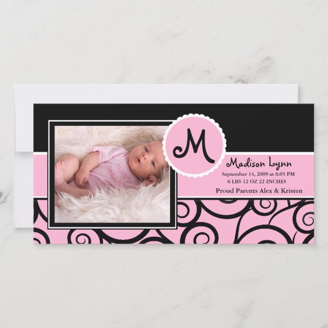 Pink & Black Swirl Baby Girl Birth Announcement (Front)