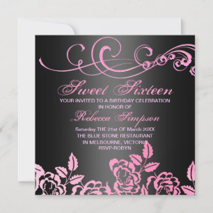 Pink/Black Swirl Rose Sweet 16 Birthday Invite