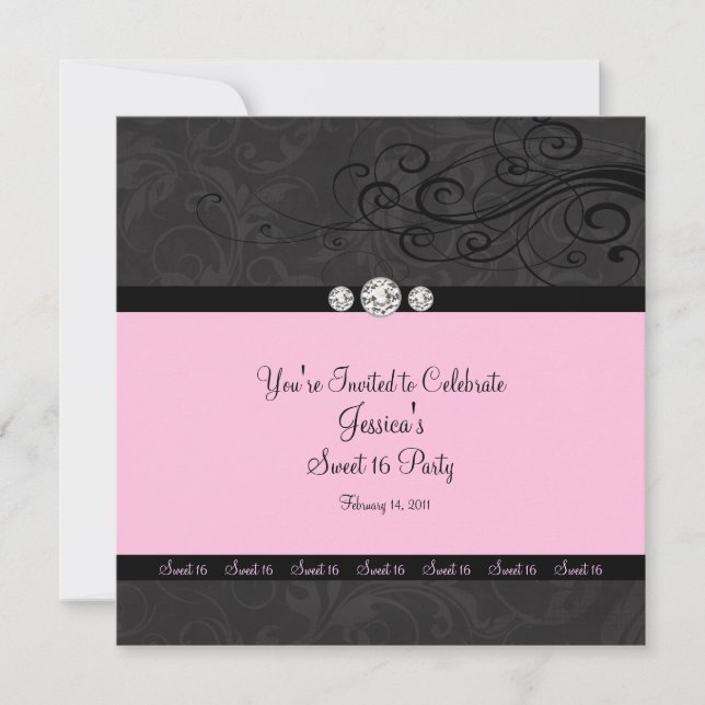 Pink Black Swirl Sweet Sixteen Party Invitations (Front)