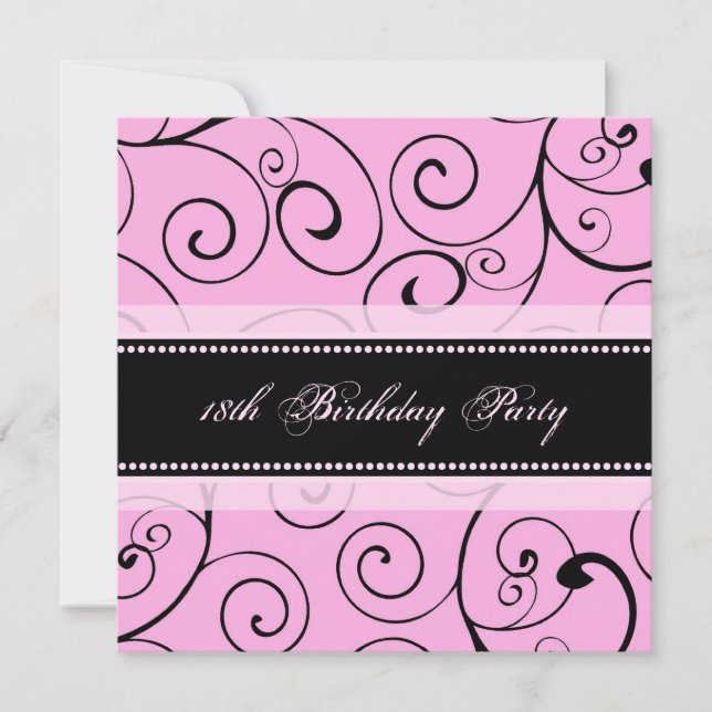 Pink Black Swirls 18th Birthday Party Invitations (Front)