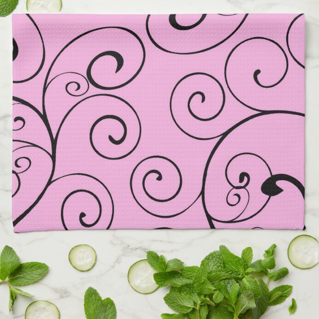 Pink Black Swirls Kitchen Cloth Towel (Folded)