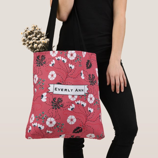 Pink Black Teal White Floral Pattern Tote Bag (Close Up)