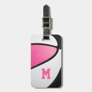 pink black team colours monogrammed basketball luggage tag