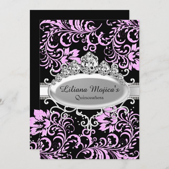 Pink Black Tiara & Glitter Floral Quinceanera Invitation (Front/Back)