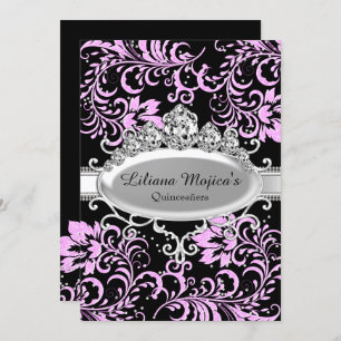 Pink Black Tiara & Glitter Floral Quinceanera Invitation