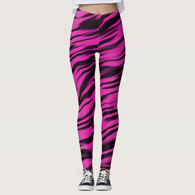 Pink Black Tiger Stripes Print Pattern Leggings (Front)