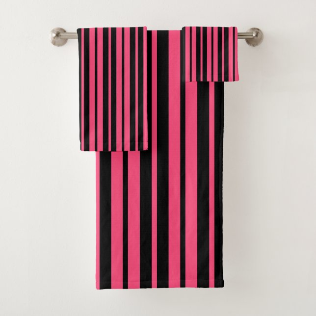 Pink Black Vertical Stripes Pattern Design Bath Towel Set (Insitu)