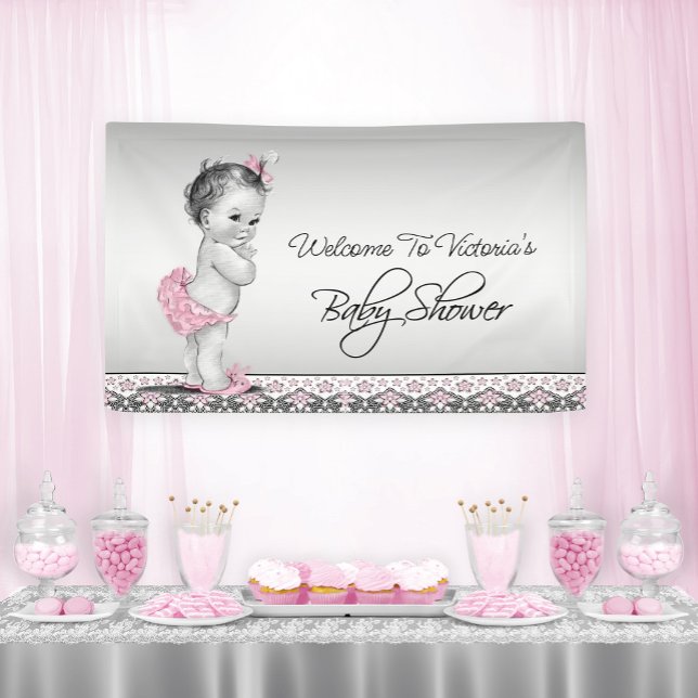 Pink Black Vintage Baby Girl Baby Shower Banner (Pretty vintage baby girl baby shower banner.)
