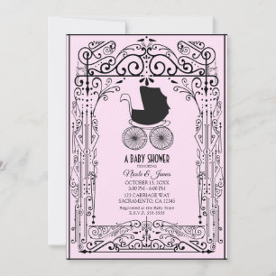 Pink & Black Vintage Carriage Deco Baby Shower  In Invitation