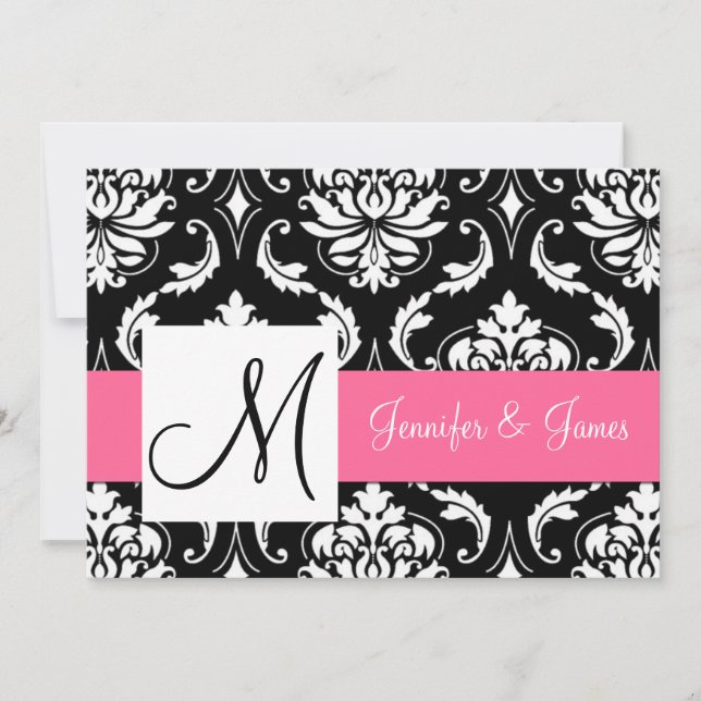 Pink Black Vintage Damask Initial Wedding Invitation (Front)