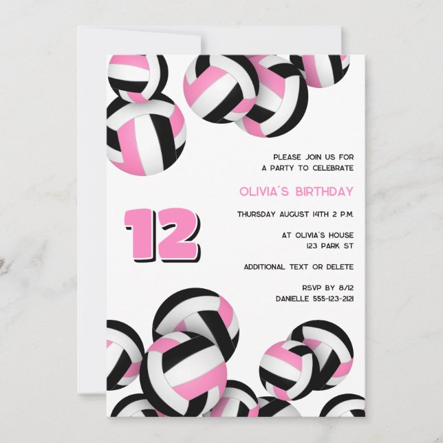 pink black volleyballs girls birthday invitation (Front)