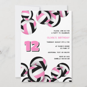 pink black volleyballs girls birthday invitation