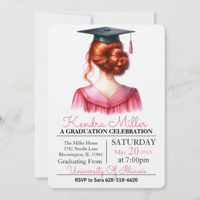 Pink & Black Watercolor Graduation Invitation (Front)
