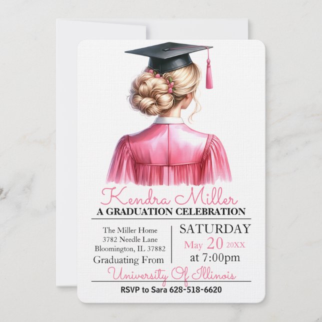 Pink & Black Watercolor Graduation Invitation (Front)