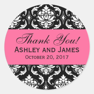 Pink, Black Wedding Damask Thank You Label