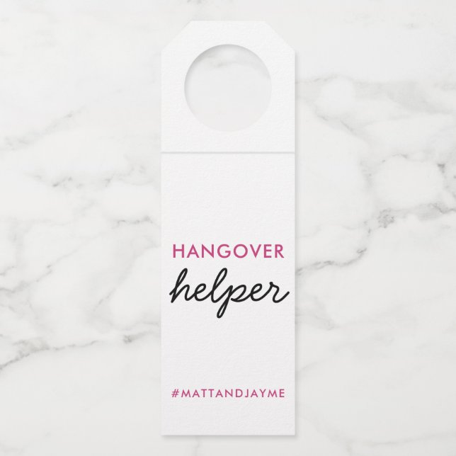 Pink Black Wedding Hangover Helper Tag w Hashtag (Front)