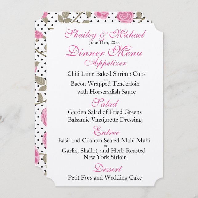 Pink/Black  WEDDING RECEPTION MENU Invitation (Front/Back)