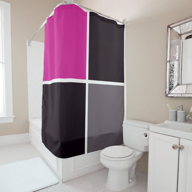 Pink, Black, White and Grey Squares Shower Curtain (In Situ)