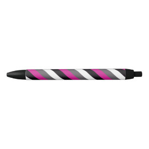Pink, Black, White and Grey Stripes  Black Ink Pen