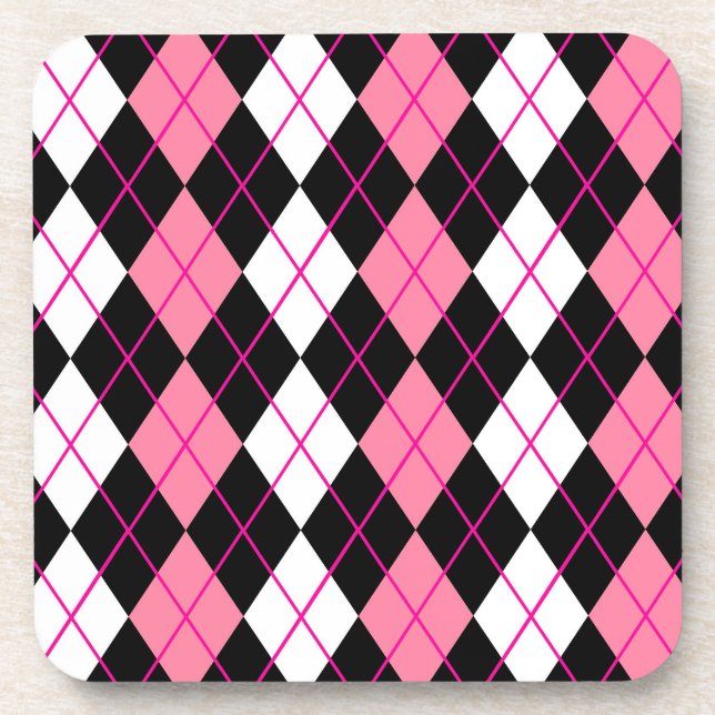 Pink Black White Argyle Diamond Design  Coaster (Front)
