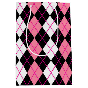 Pink Black White Argyle Diamond Design Medium Gift Bag