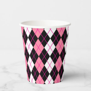 Pink Black White Argyle Diamond Design Paper Cups