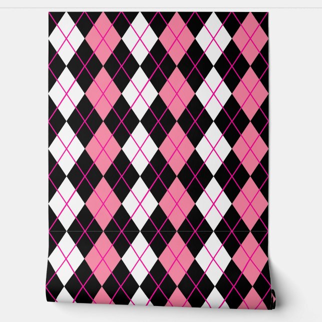 Pink Black White Argyle Diamond Design  Wallpaper (Unrolling)
