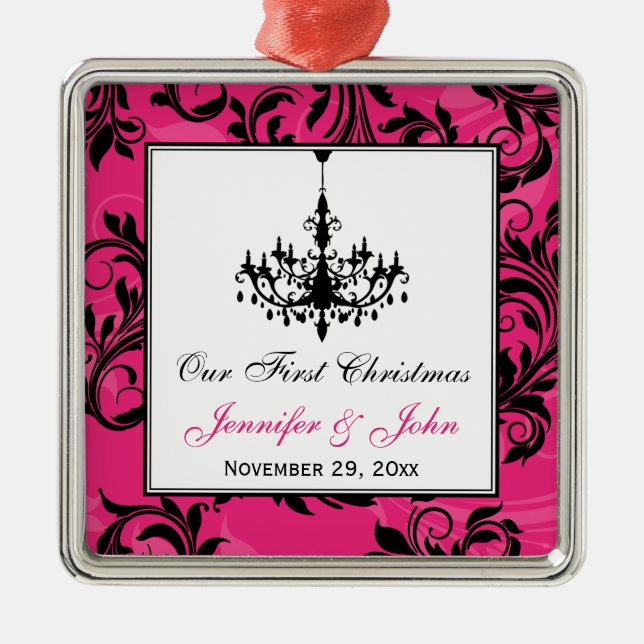 Pink Black White Chandelier Scroll 1st Christmas Metal Tree Decoration (Front)