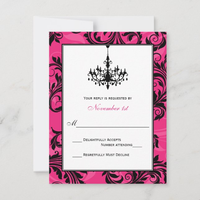Pink Black White Chandelier Scrolls Reply Card (Front)