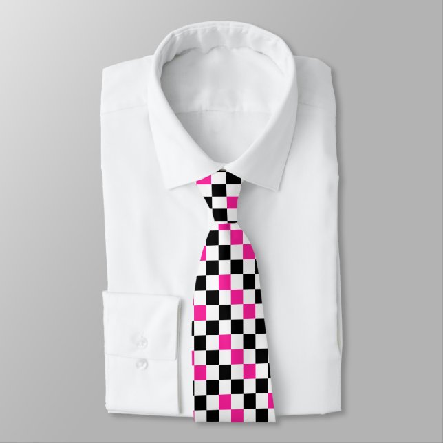Pink Black White Checkered Pattern Design  Tie (Tied)