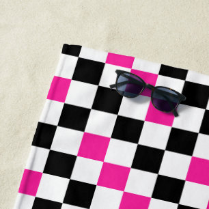 Pink Black White Chequered Pattern Design Beach Towel