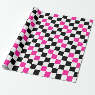 Pink Black White Chequered Pattern Design Wrapping Paper