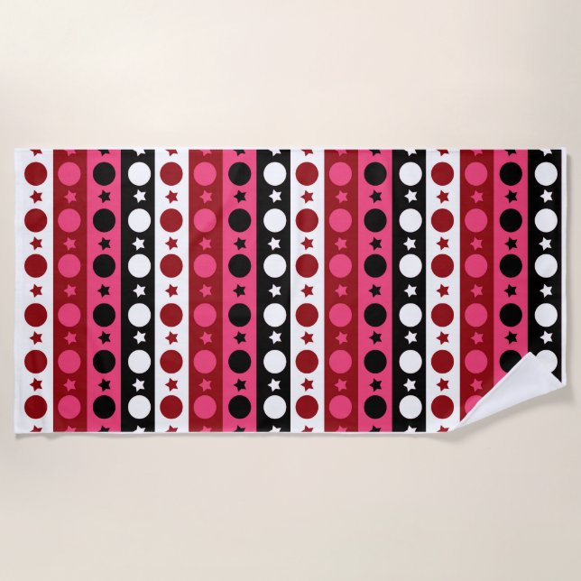 Pink Black White Circle Stars Stripes Design  Beach Towel (Front)