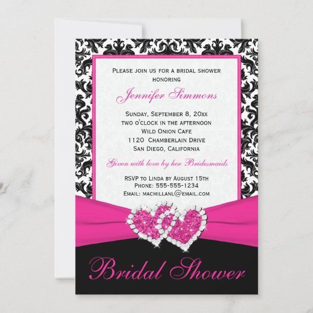 Pink Black White Damask Bridal Shower Invite (Front)