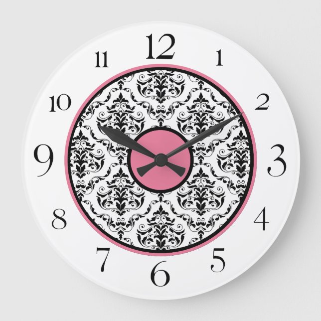 Pink Black & White Damask Elegant 10.75" Clock (Front)
