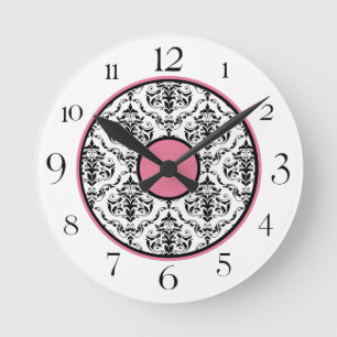 Pink Black & White Damask Elegant Round Clock