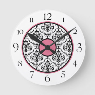 Pink Black & White Damask Elegant Round Clock