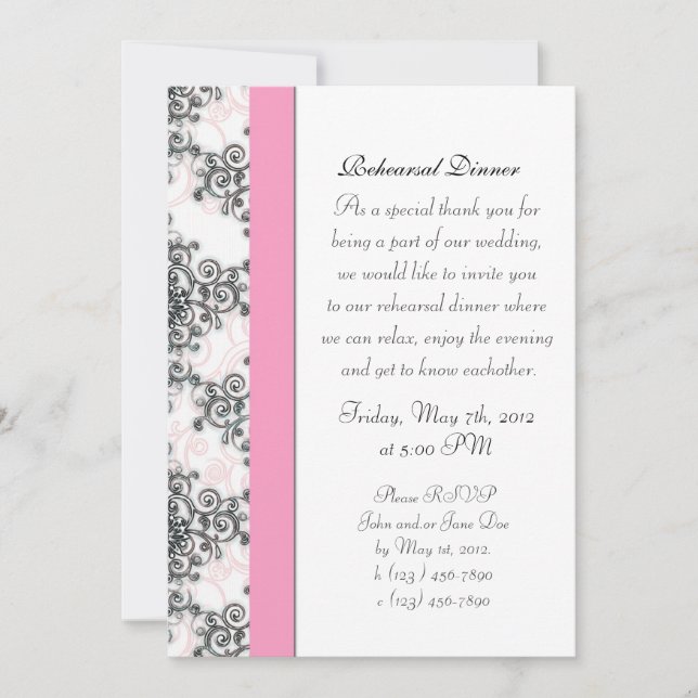 Pink Black White Damask Rehearsal Dinner Invitation (Front)