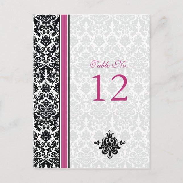 Pink, Black, White Damask Table Number Card (Front)