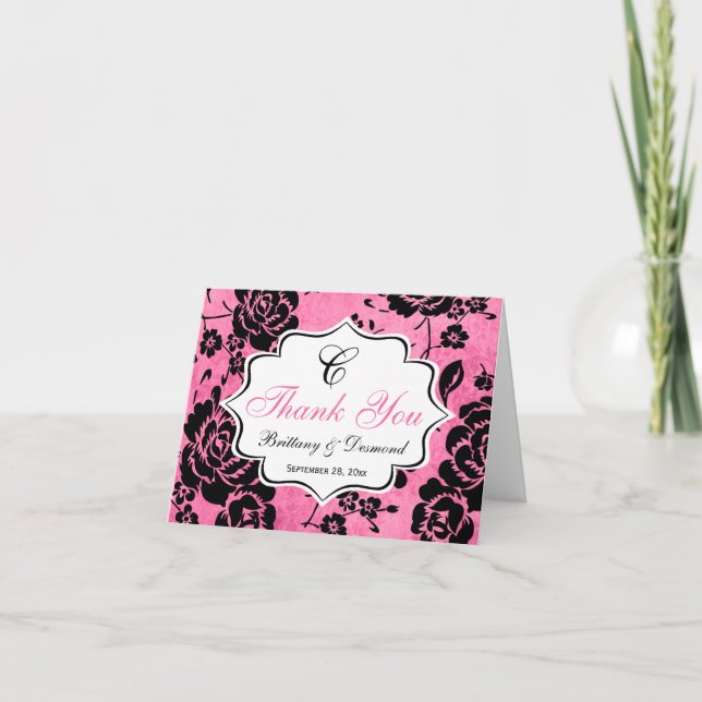 Pink Black White Floral Damask Thank You Card (Front)