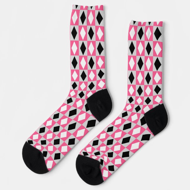 Pink Black White Geometric Rhombus Diamond Socks (Left)