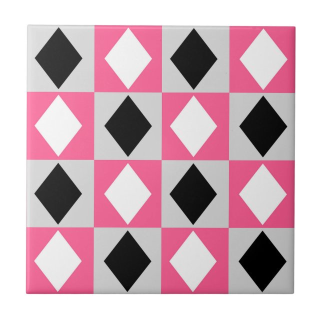 Pink Black White Geometric Rhombus Diamond Tile (Front)