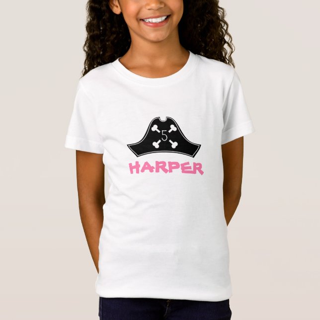 Pink Black + White Girl's Pirate Birthday T-Shirt (Front)