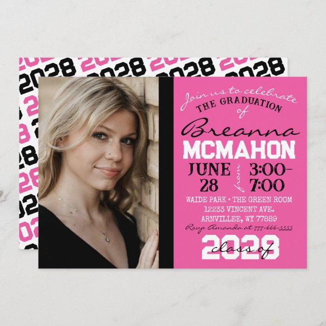 Pink, Black & White Graduation Photo Invitation (Front/Back)
