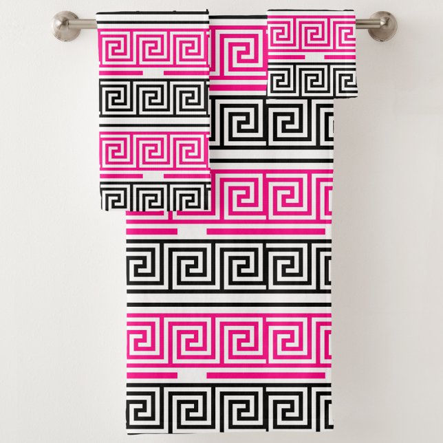 Pink Black White Greek Key Fret Pattern Design  Bath Towel Set (Creator Uploaded)