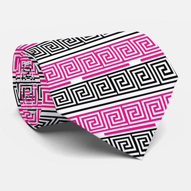Pink Black White Greek Key Fret Pattern Design  Tie (Creator Uploaded)
