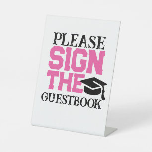 Pink, Black & White Guestbook Graduation Table Pedestal Sign