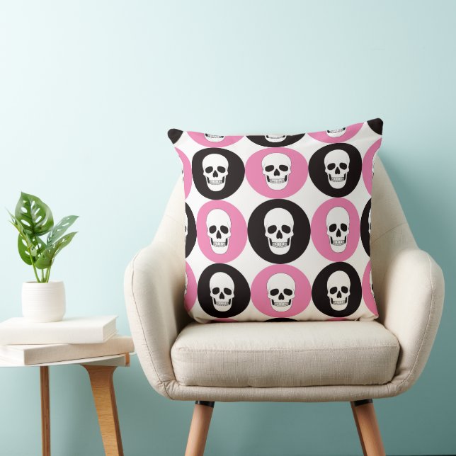 PINK BLACK & WHITE HALLOWEEN SKULLS CUSHION (Chair)