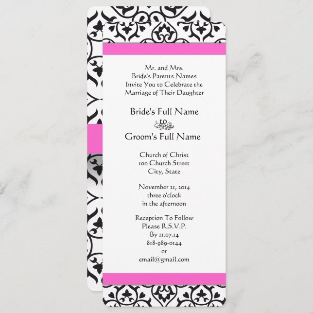 Pink Black White Heart Damask Wedding Invitation (Front/Back)